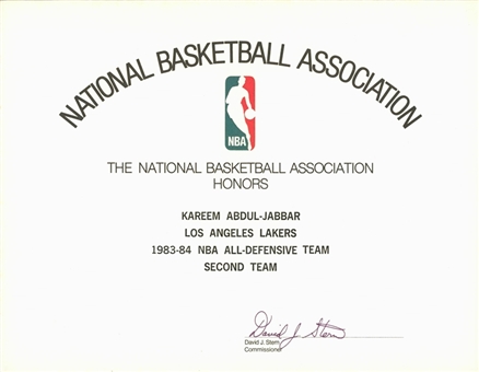 1983-84 NBA All-Defensive Team Second Team Los Angeles Lakers Certificate Presented To Kareem Abdul-Jabbar (Abdul-Jabbar LOA)
